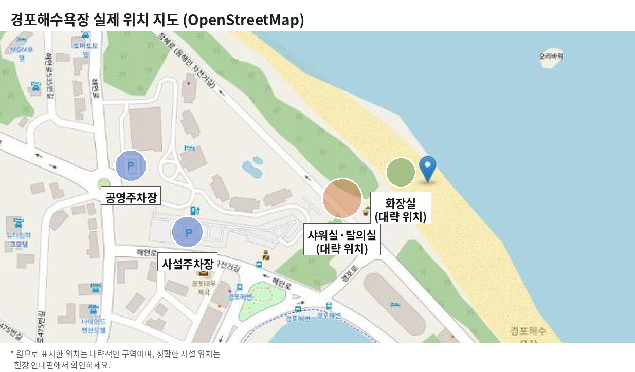 경포해수욕장 실제 위치와 주차장·샤워실·탈의실·화장실 대략 위치를 표시한 오픈스트리트맵 지도