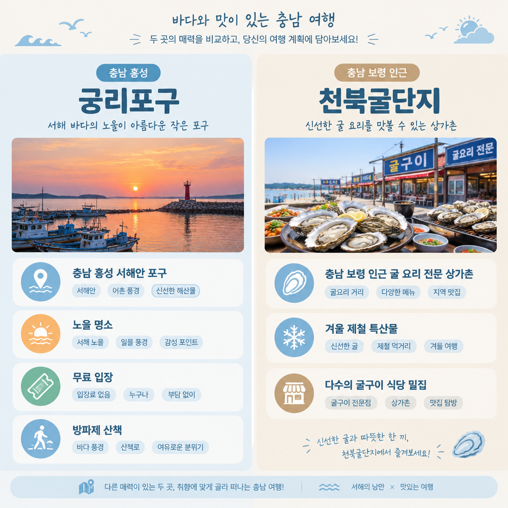 궁리포구와 천북굴단지 비교 인포그래픽, 위치와 특징 요약