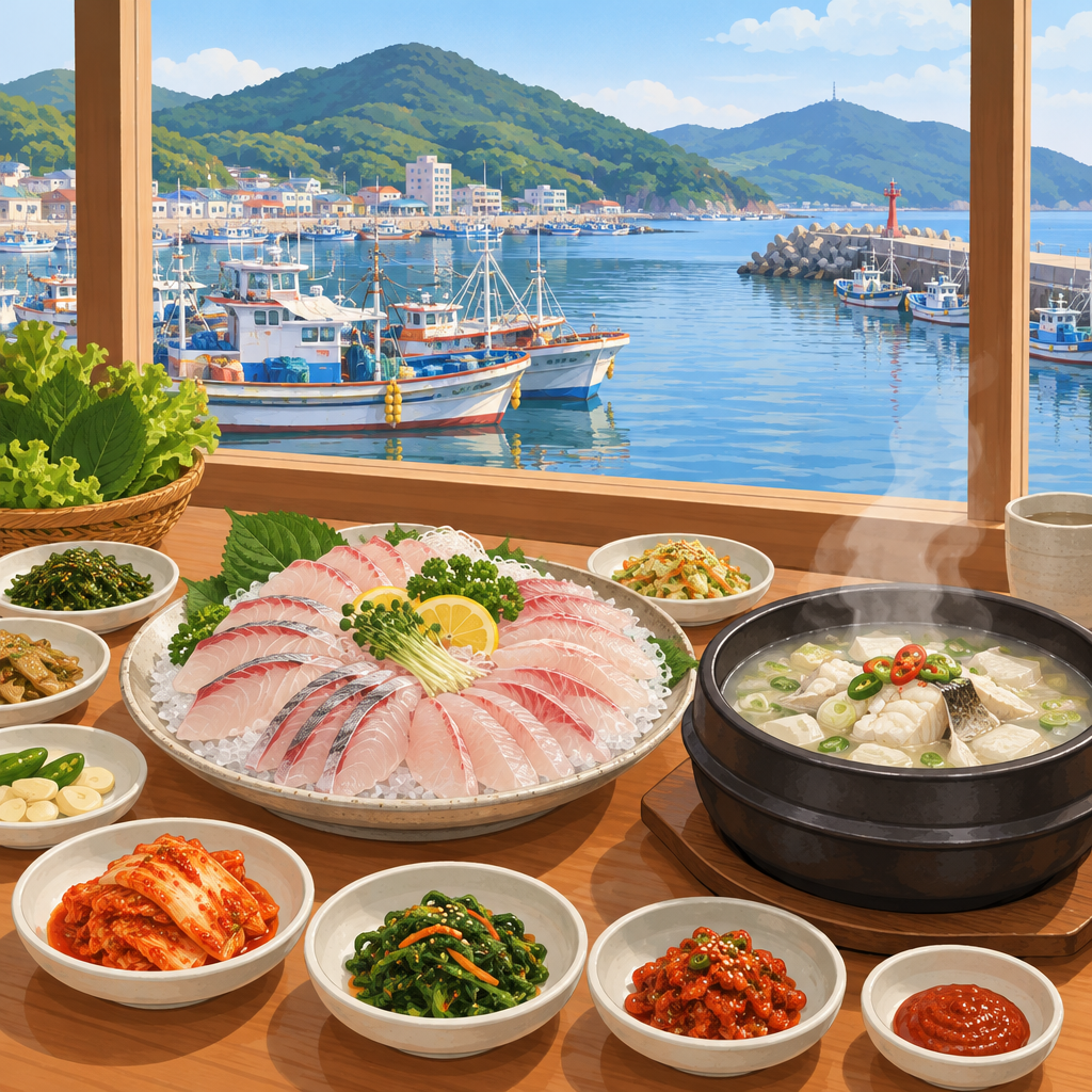 거제 외포항 어선이 보이는 창가 식탁의 활어회와 대구탕 일러스트