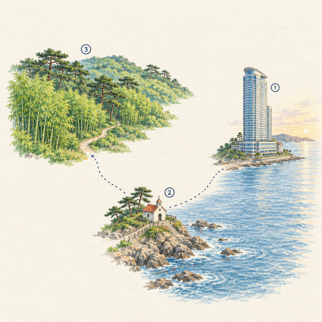 기장 1박2일 코스 손그림 약도: 오시리아 호텔, 죽성성당, 아홉산숲