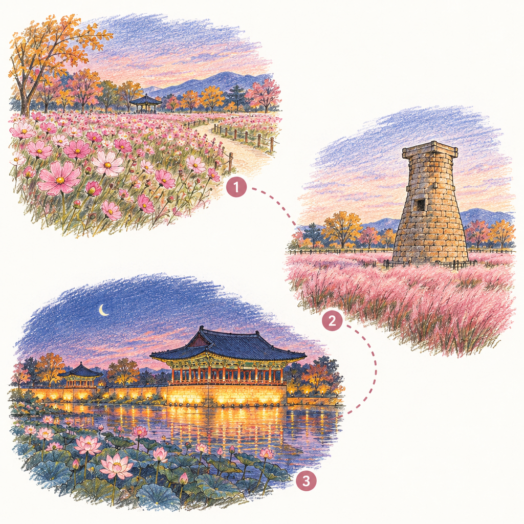 [여행코스] 경주 가을 1박2일, 황성공원 코스모스·첨성대 꽃단지·동궁과 월지 야경