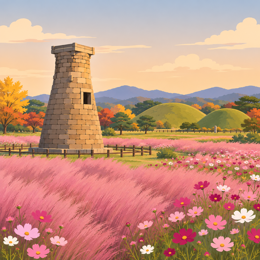 경주 첨성대와 동부사적지 핑크뮬리 꽃단지