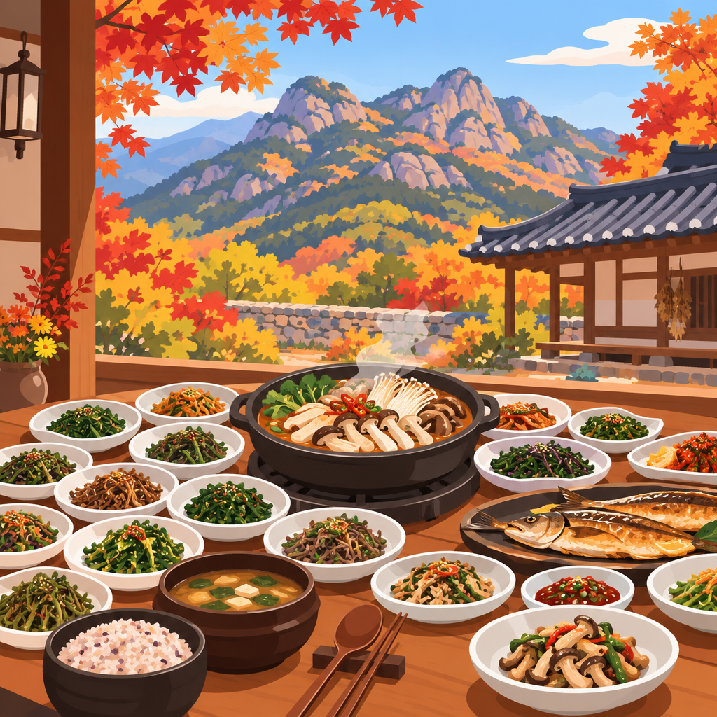 속리산 경희식당 산나물 반찬과 버섯전골 한정식 상차림