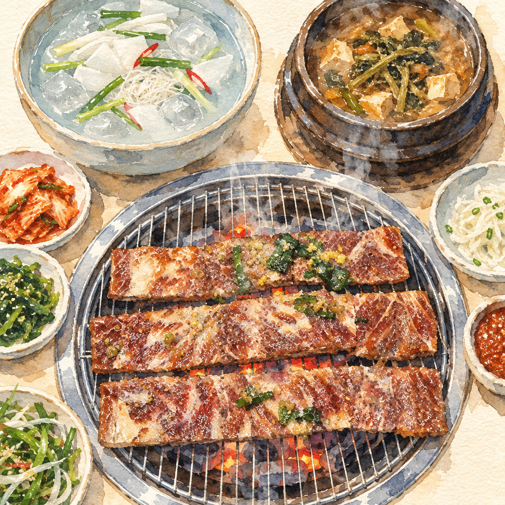 포천 이동갈비 상차림 – 불판 위 양념갈비와 동치미국수, 된장찌개