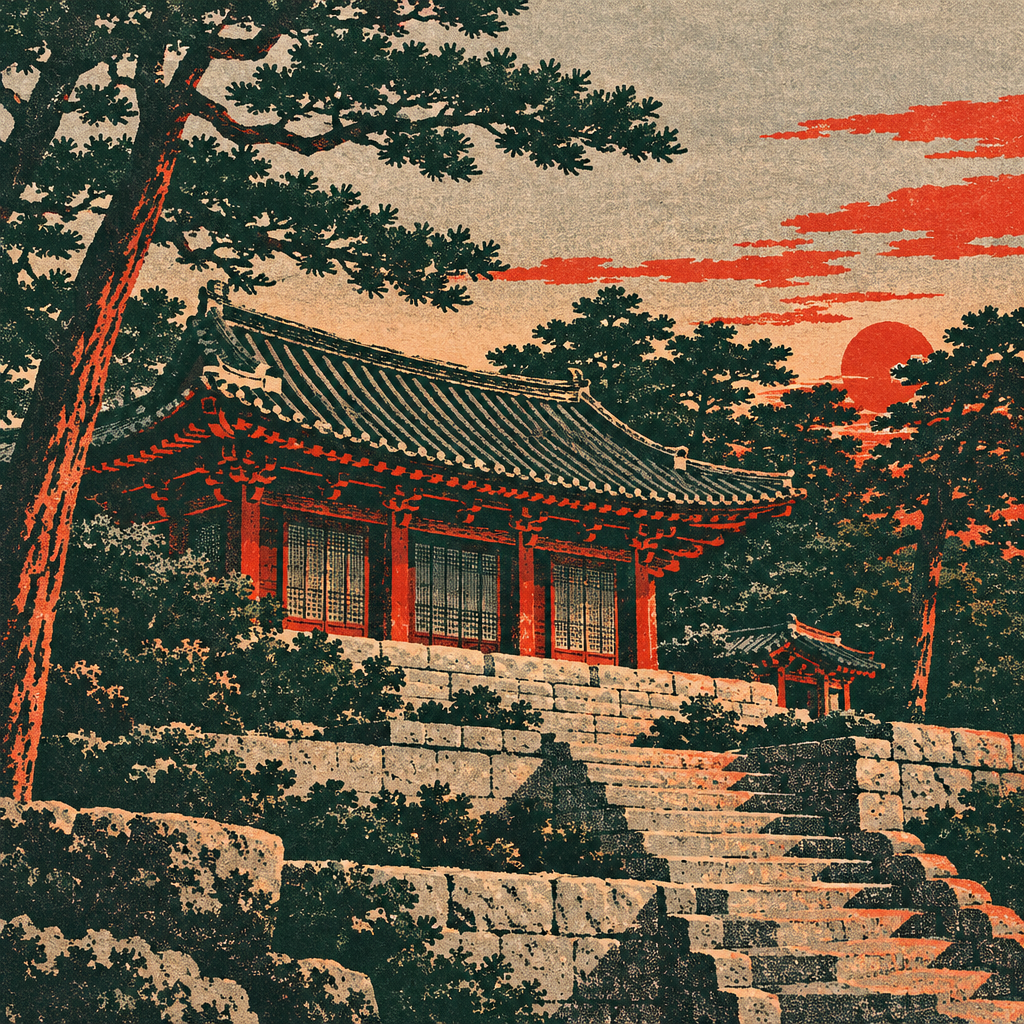 아산 현충사 돌계단 위 본전과 소나무 판화풍 그림