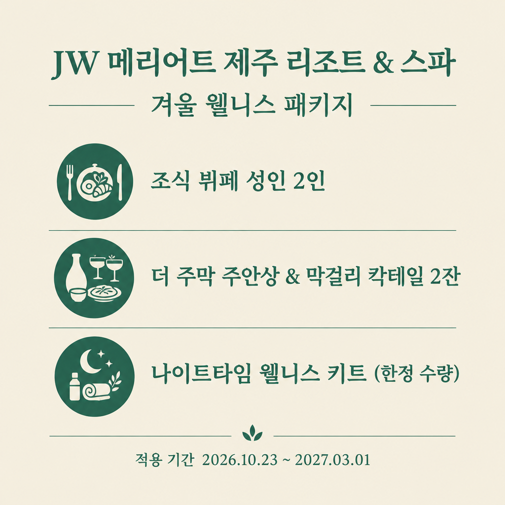 JW 메리어트 제주 겨울 웰니스 패키지 구성 요약: 조식 뷔페 성인 2인, 더 주막 주안상·막걸리 칵테일 2잔, 웰니스 키트, 적용 기간 2026.10.23~2027.03.01