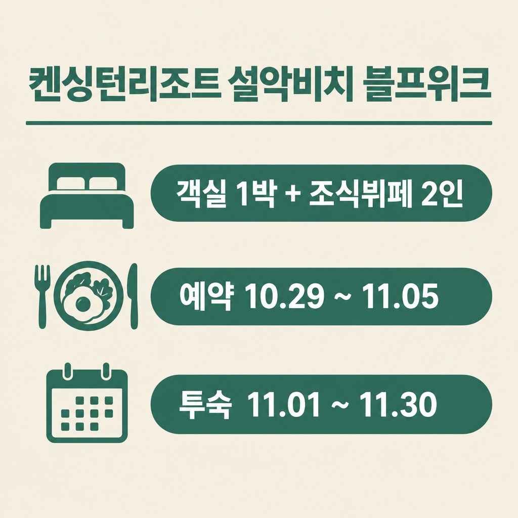 켄싱턴리조트 설악비치 블프위크 요약: 객실 1박+조식뷔페 2인, 예약 10.29~11.05, 투숙 11.01~11.30