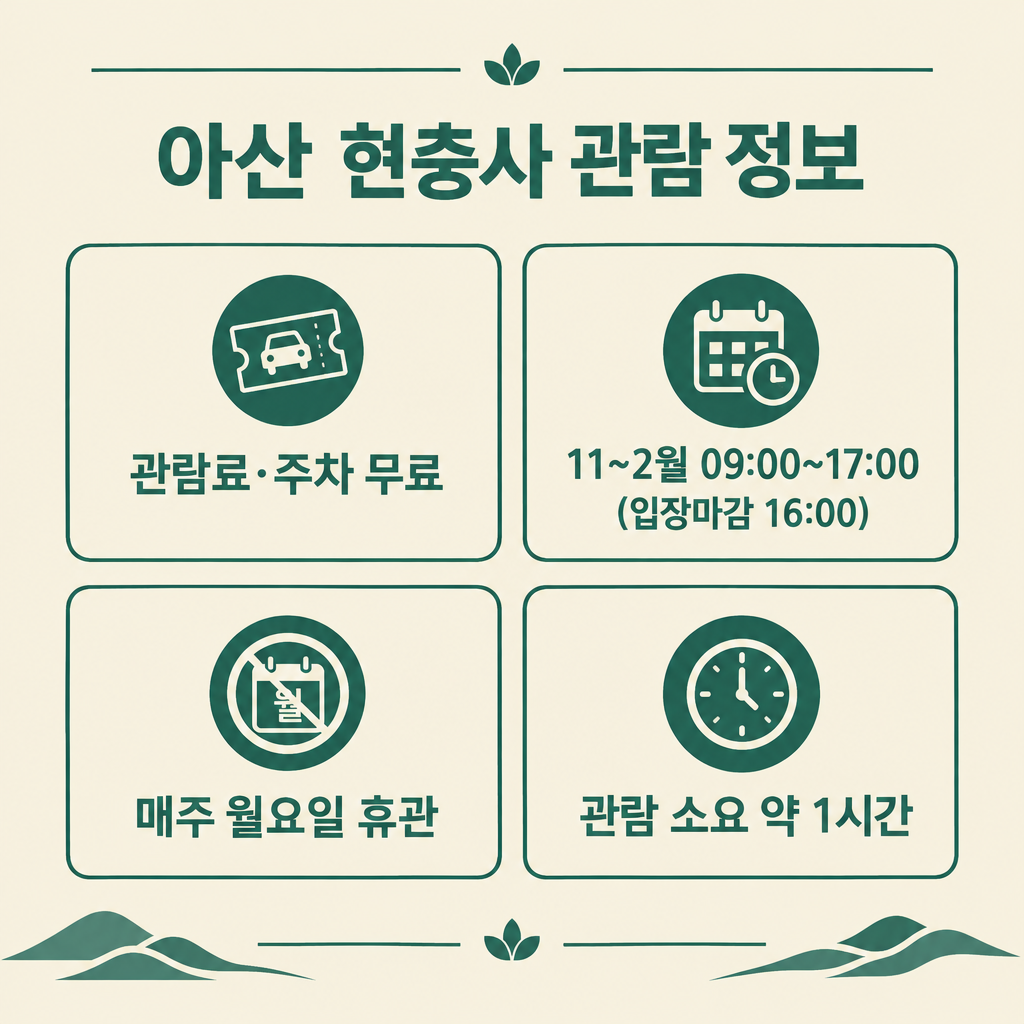 아산 현충사 관람 정보 – 관람료·주차 무료, 11~2월 09:00~17:00 입장마감 16:00, 매주 월요일 휴관, 관람 소요 약 1시간