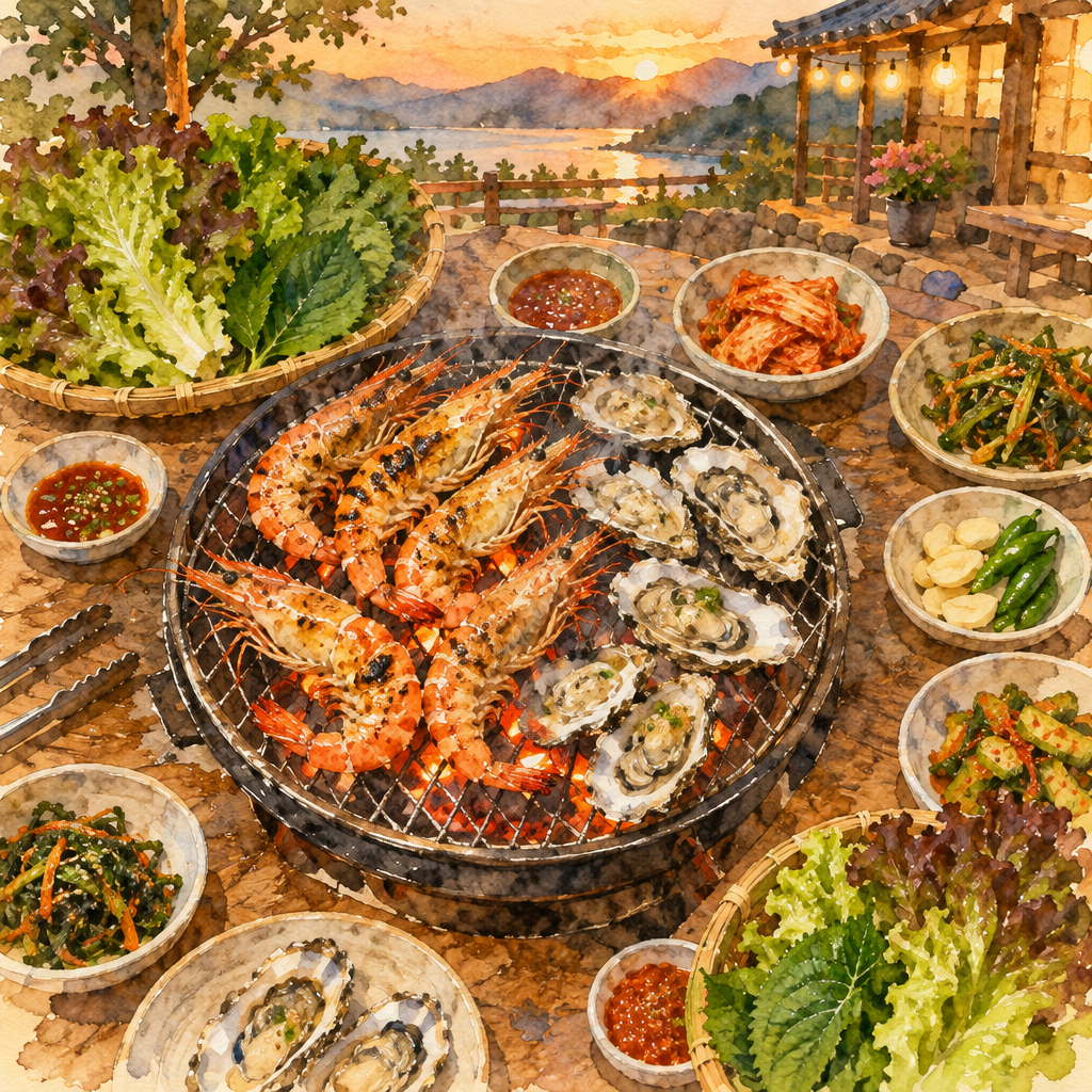펜션 바비큐 그릴 위 대하와 굴, 쌈채소 수채화