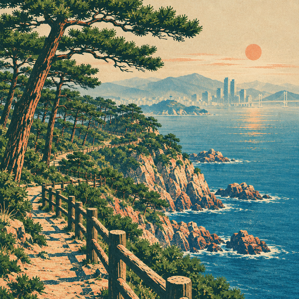 부산 몰운대 해송 숲길과 바다 판화풍 풍경