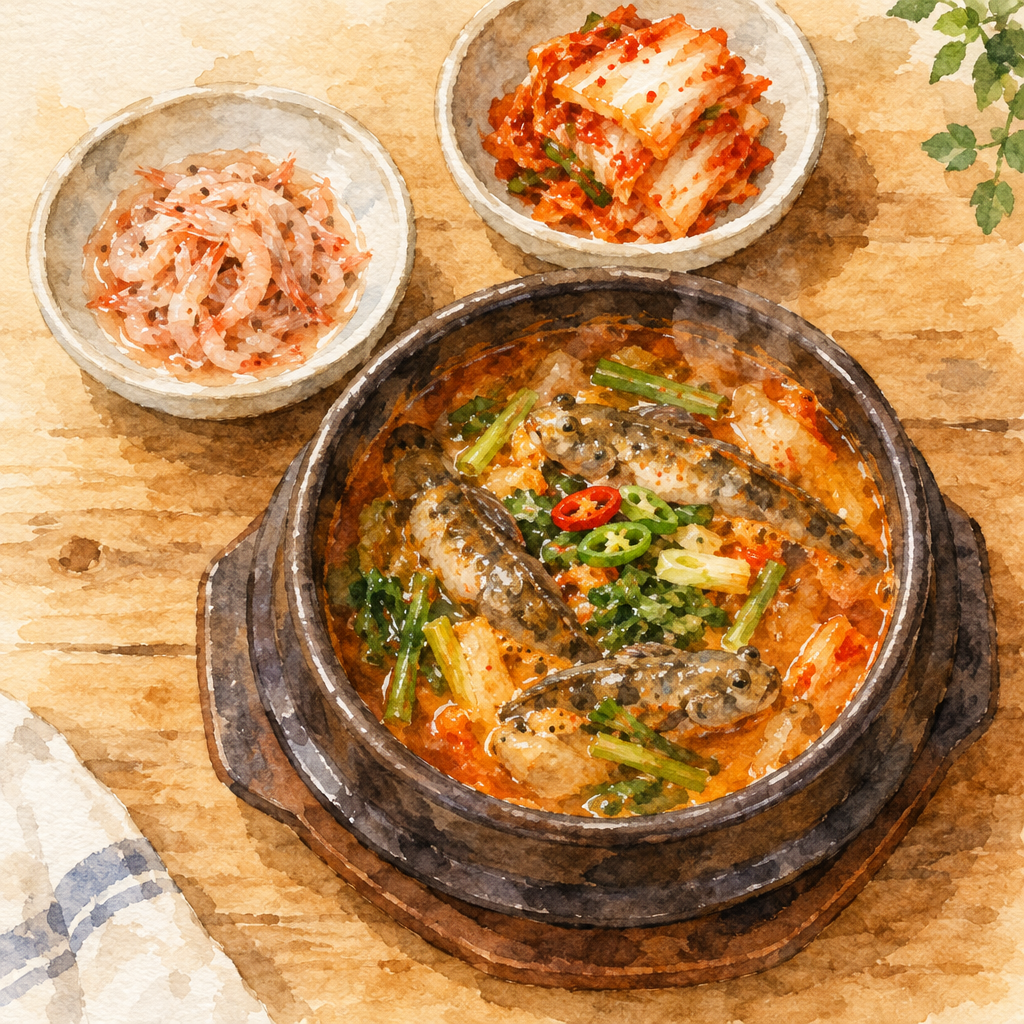 강진만갯벌탕 짱뚱어탕과 토하젓 반찬 수채화