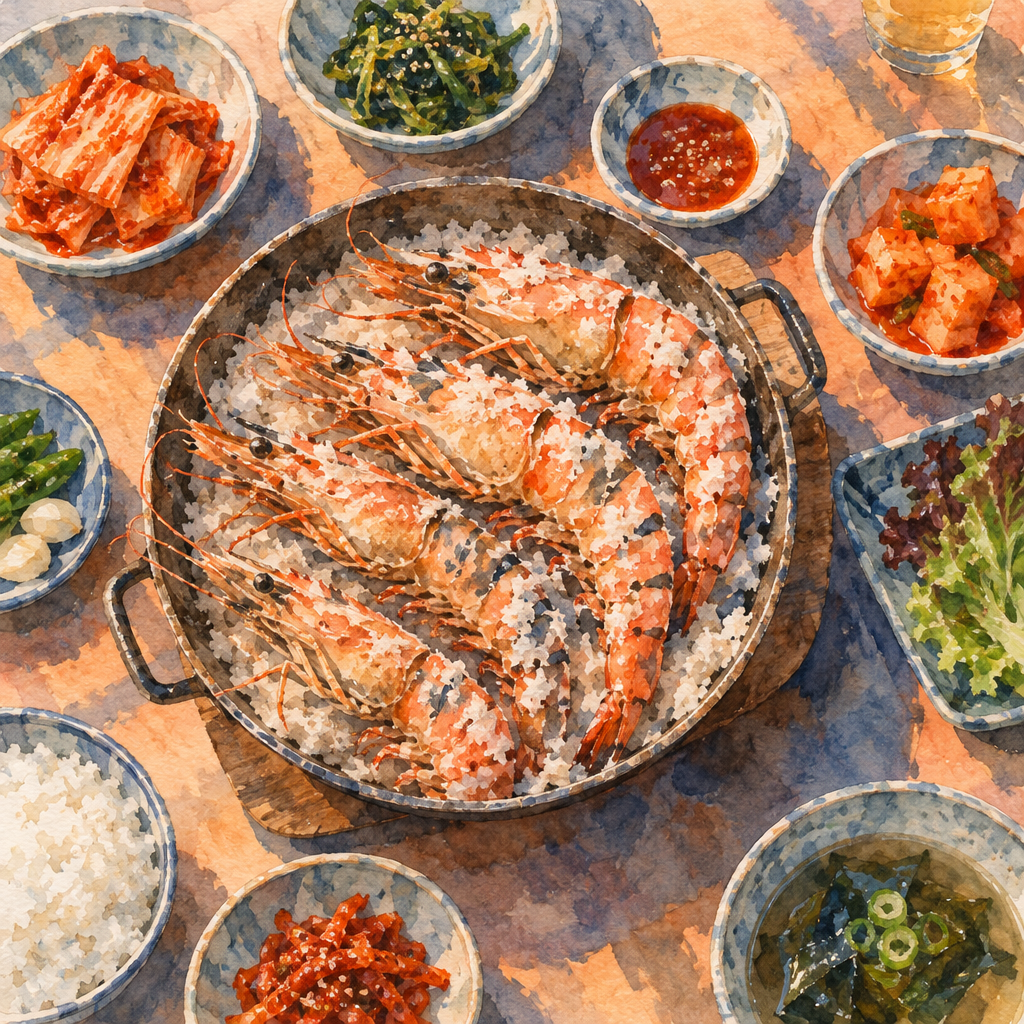 남당항 대하 소금구이 상차림 수채화