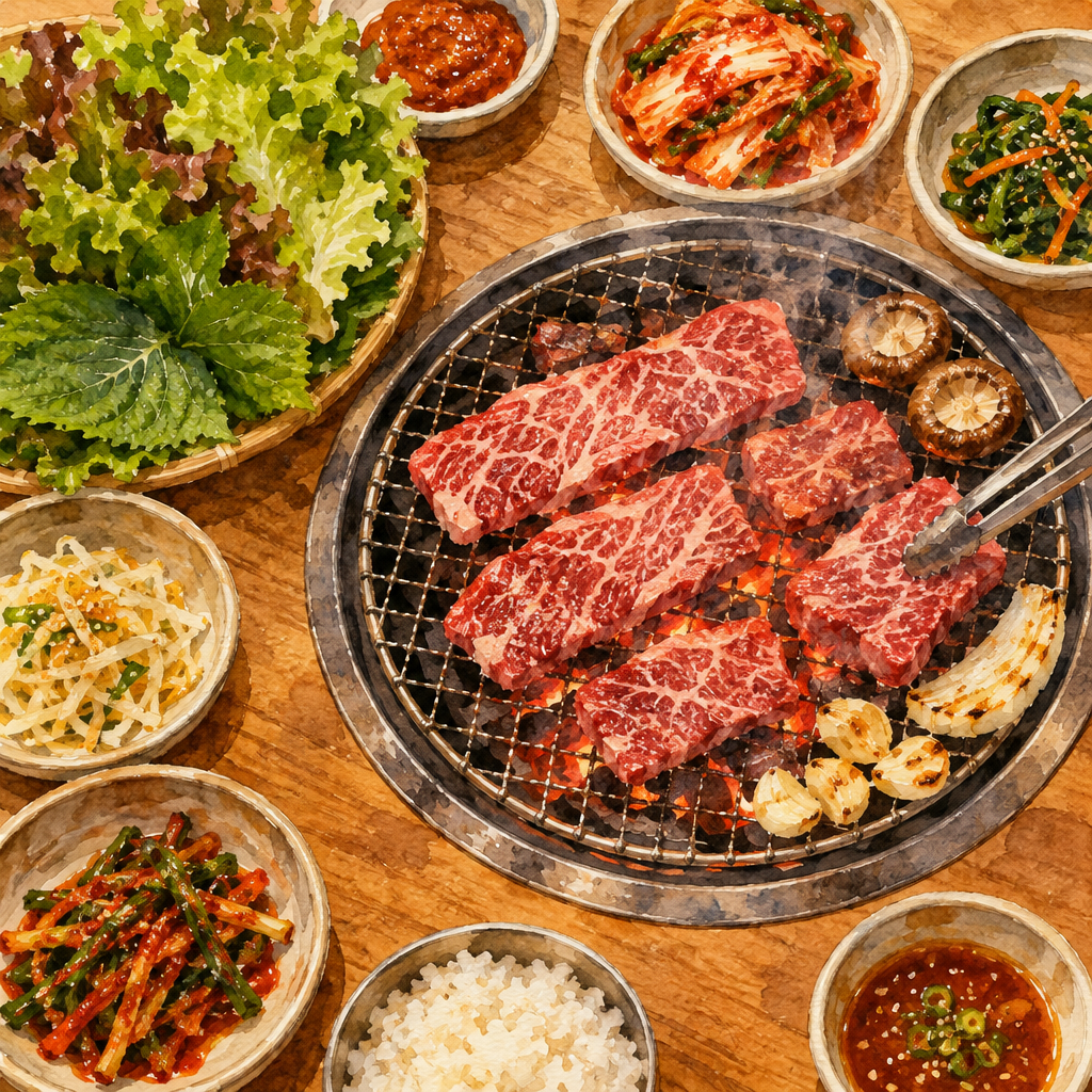 숯불 위 한우 구이와 쌈채소 수채화