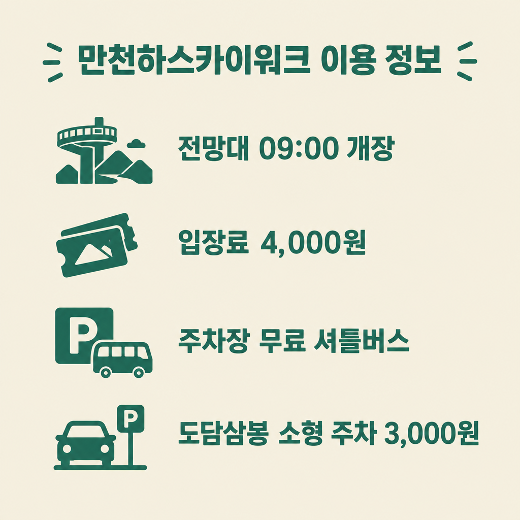 만천하스카이워크 이용 정보 인포그래픽(전망대 개장 시간·입장료·무료 셔틀·도담삼봉 주차요금)