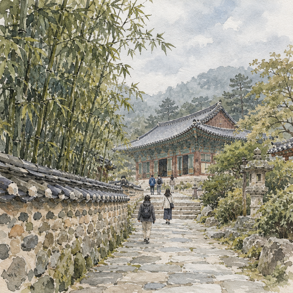 낙산사 경내 돌담길 수묵 수채 일러스트
