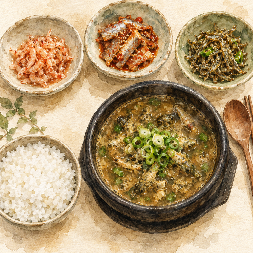 강진만갯벌탕 짱뚱어탕과 토하젓 상차림 수채화
