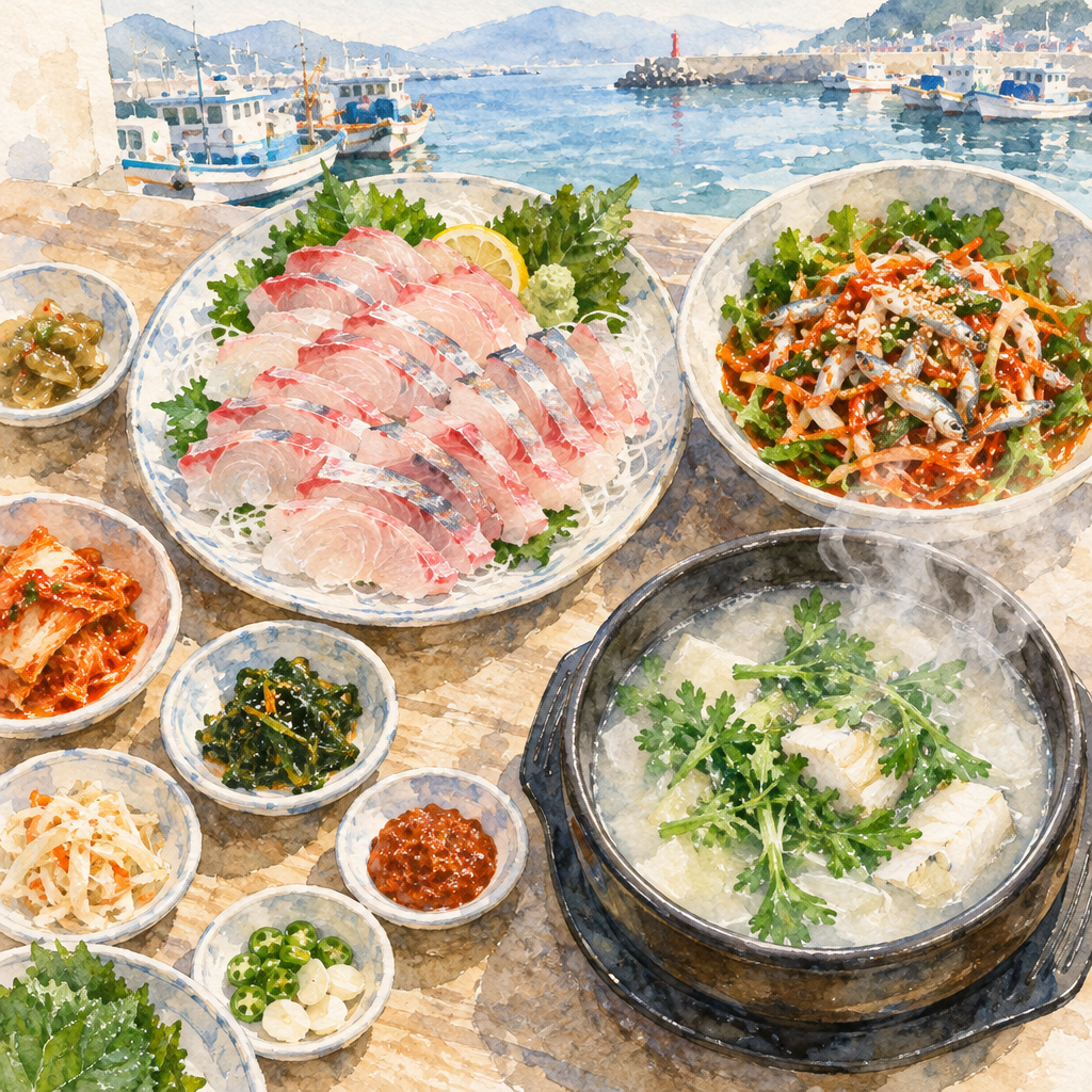 거제 외포항 국자횟집 활어회와 생대구탕 수채화 일러스트
