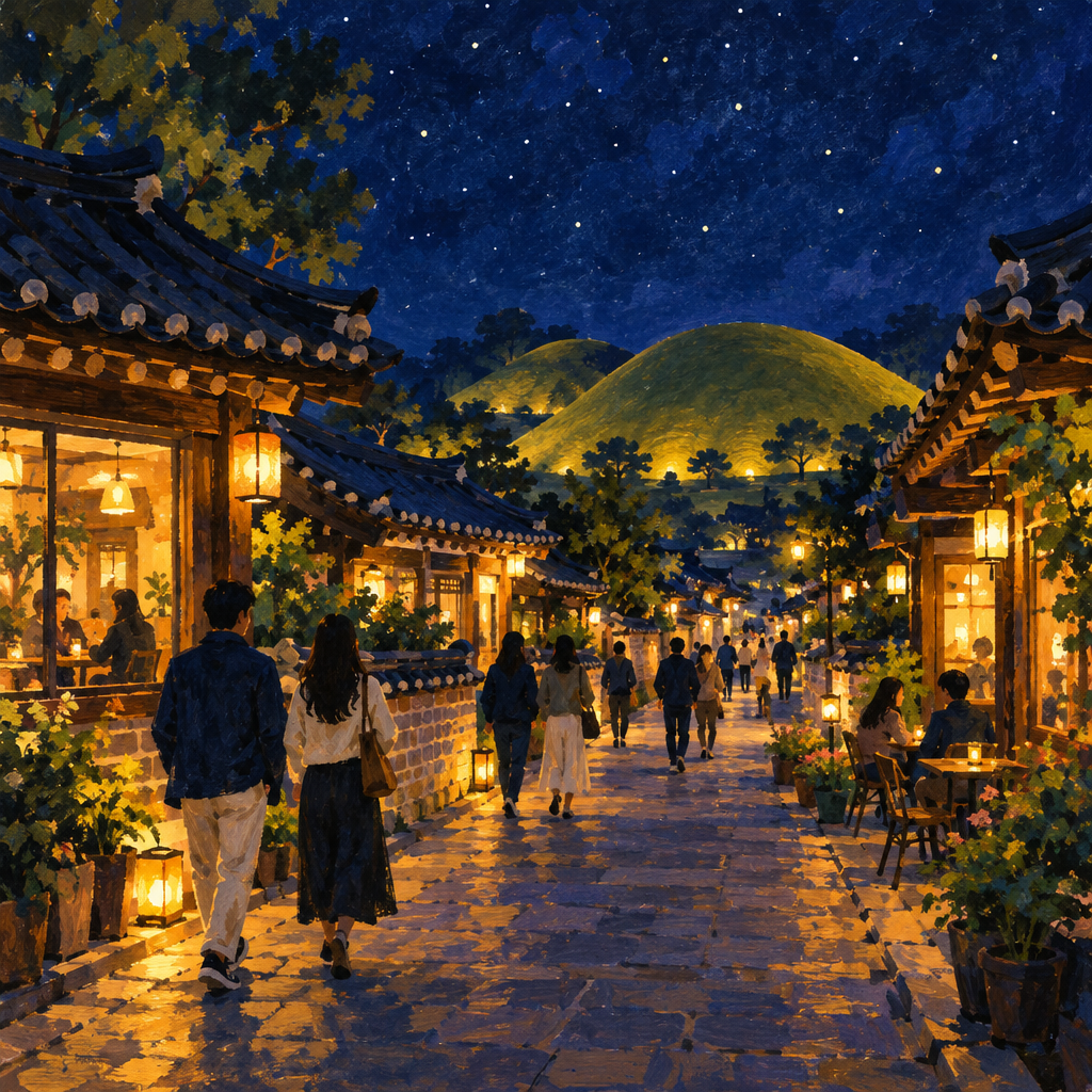경주 황리단길과 대릉원 고분 야경 일러스트